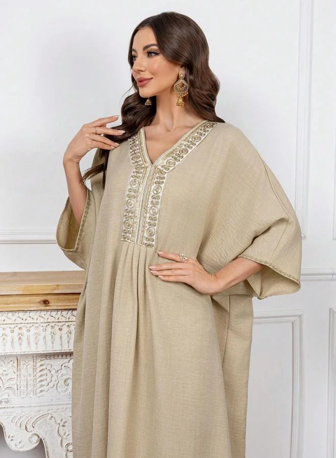 Take Two beige Women Beige Embroidered Batwing Sleeve Jalabiya for Women | Best Price UAE